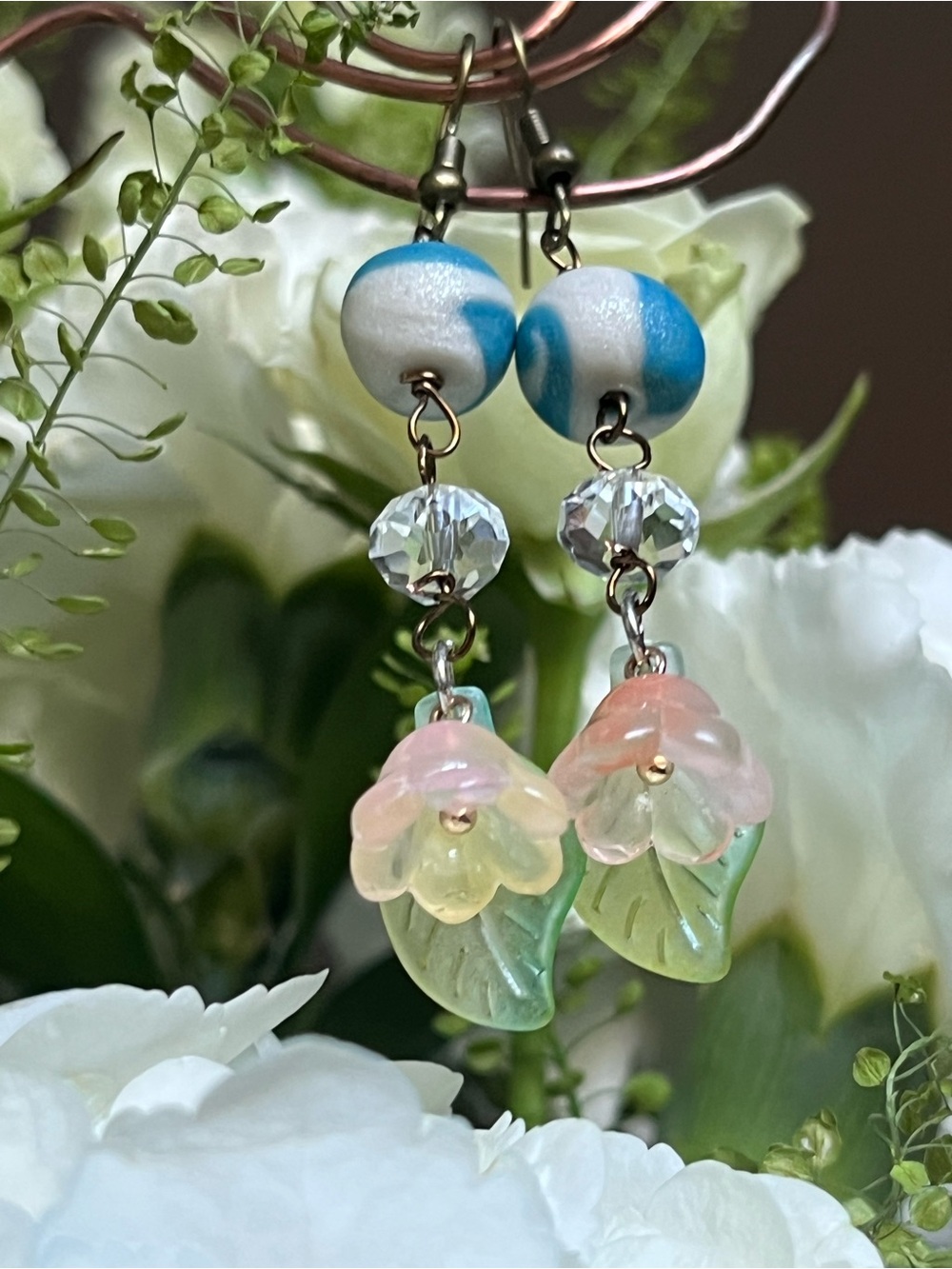 Pastel polymer clay Flower Drop Earrings with Blue & White Bead Accents crystals